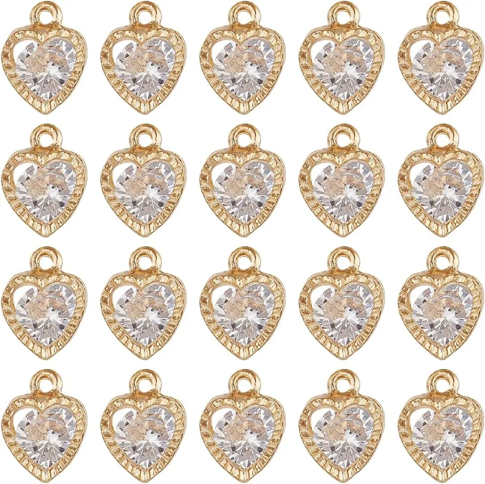 SUNNYCLUE 1 Box 50Pcs Hearts Charms Cubic Zirconia Heart Charm Metal Alloy Small Gold Rhinestone Charm for Jewelry Making Charms DIY Keychain Bracelet Earrings Lanyard Necklace Valentines Wedding