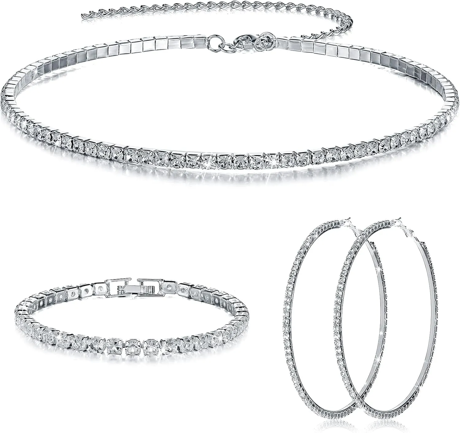 Sureio 3 Pieces Women Rhinestone Jewelry Set Rhinestone Choker Necklace Crystal Bracelet Crystal Big Hoop Earrings for Wedding Bridal Party