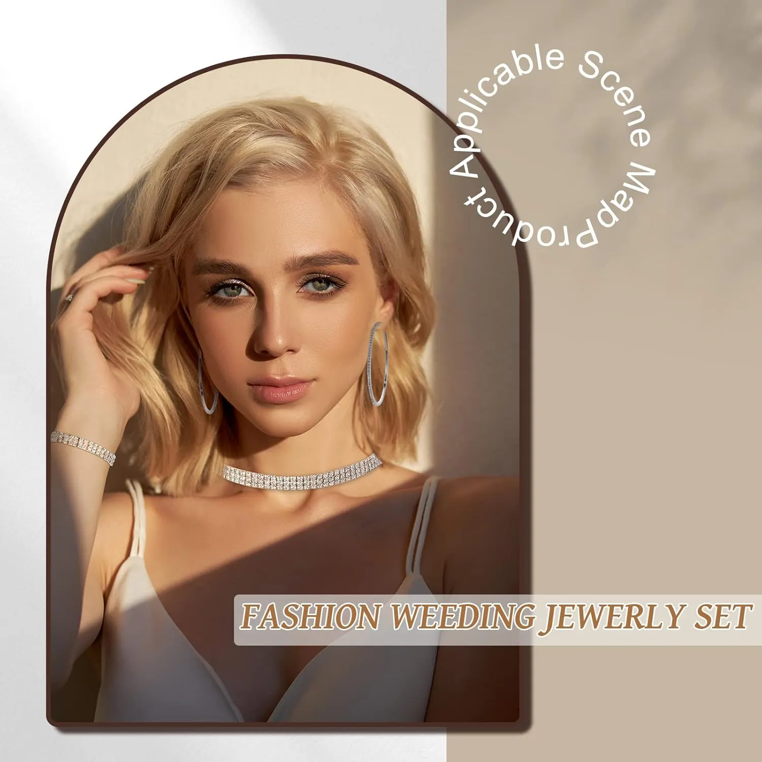 Sureio 3 Pieces Women Rhinestone Jewelry Set Rhinestone Choker Necklace Crystal Bracelet Crystal Big Hoop Earrings for Wedding Bridal Party
