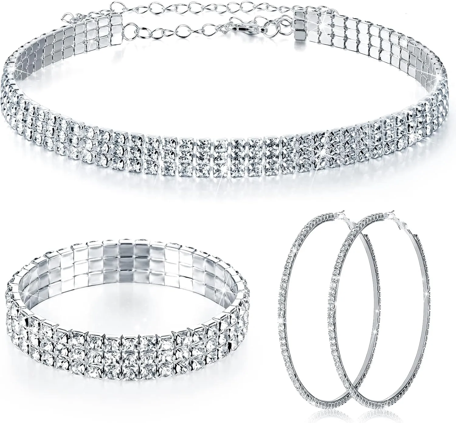 Sureio 3 Pieces Women Rhinestone Jewelry Set Rhinestone Choker Necklace Crystal Bracelet Crystal Big Hoop Earrings for Wedding Bridal Party