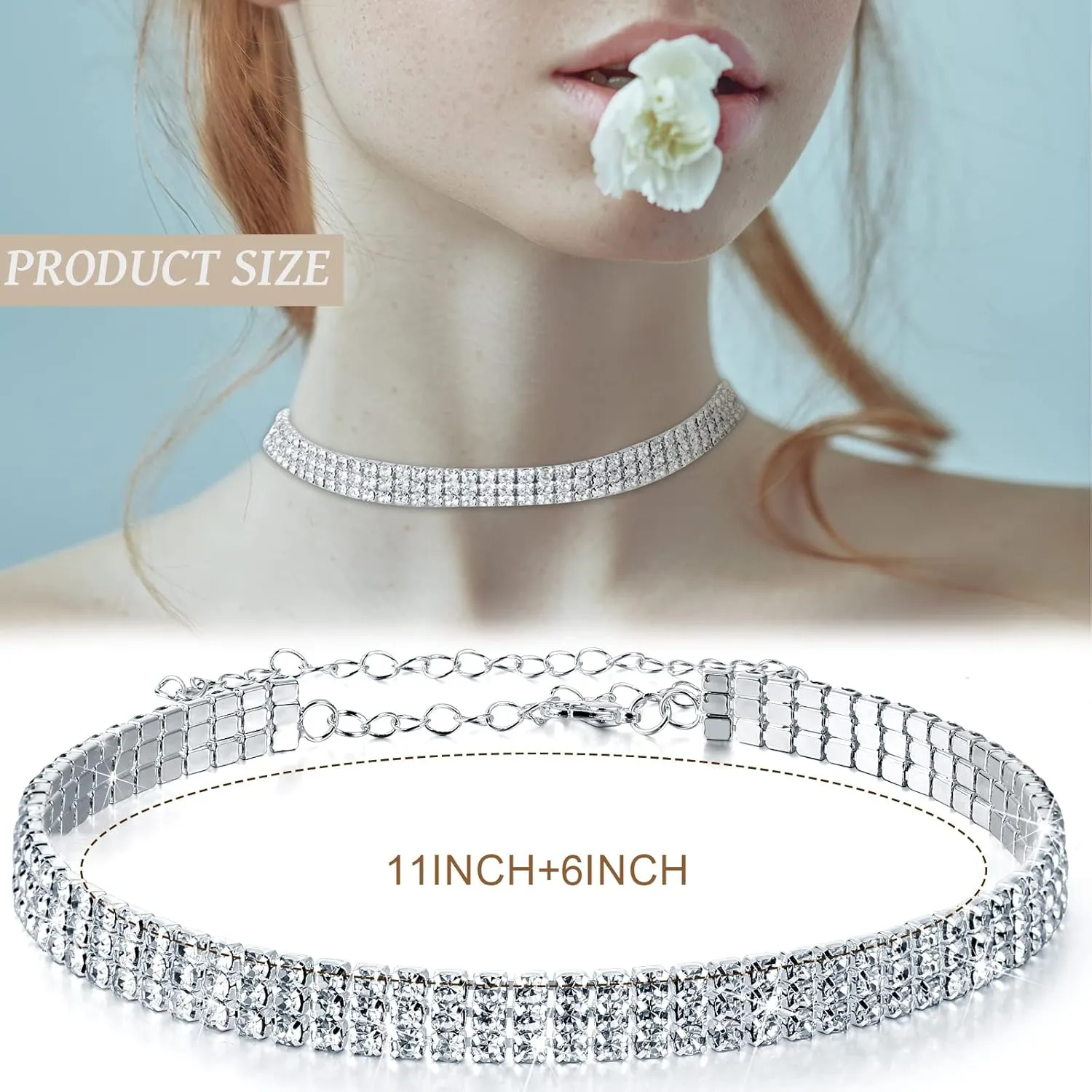 Sureio 3 Pieces Women Rhinestone Jewelry Set Rhinestone Choker Necklace Crystal Bracelet Crystal Big Hoop Earrings for Wedding Bridal Party