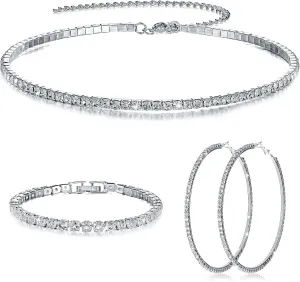 Sureio 3 Pieces Women Rhinestone Jewelry Set Rhinestone Choker Necklace Crystal Bracelet Crystal Big Hoop Earrings for Wedding Bridal Party