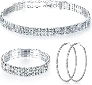 Sureio 3 Pieces Women Rhinestone Jewelry Set Rhinestone Choker Necklace Crystal Bracelet Crystal Big Hoop Earrings for Wedding Bridal Party