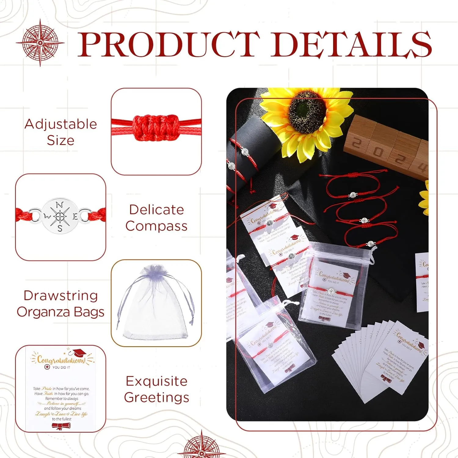 Sureio 60 Pcs 2025 Graduation Bracelet Set 20 Compass Bracelets 20 Graduation Cards 20 Bags Senior Night Gifts