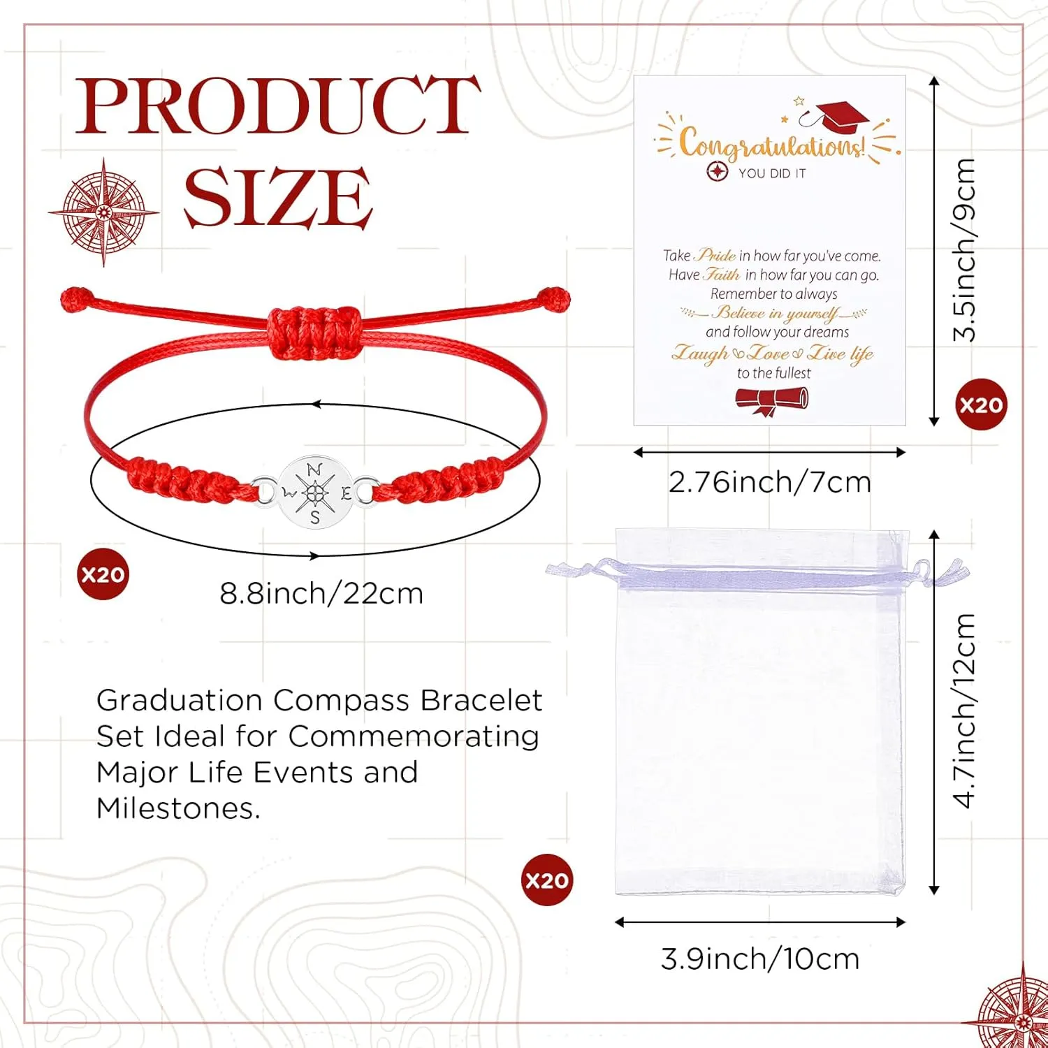 Sureio 60 Pcs 2025 Graduation Bracelet Set 20 Compass Bracelets 20 Graduation Cards 20 Bags Senior Night Gifts