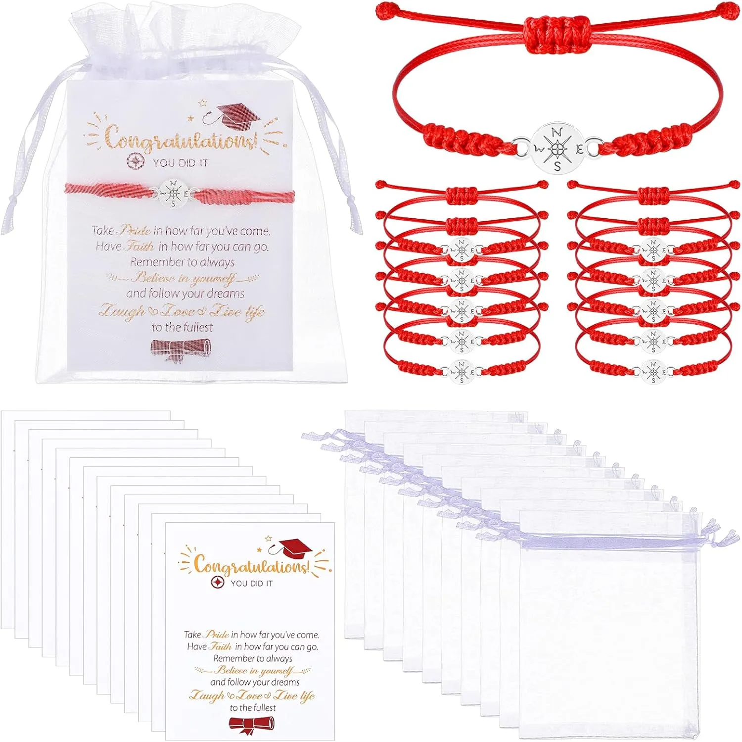 Sureio 60 Pcs 2025 Graduation Bracelet Set 20 Compass Bracelets 20 Graduation Cards 20 Bags Senior Night Gifts