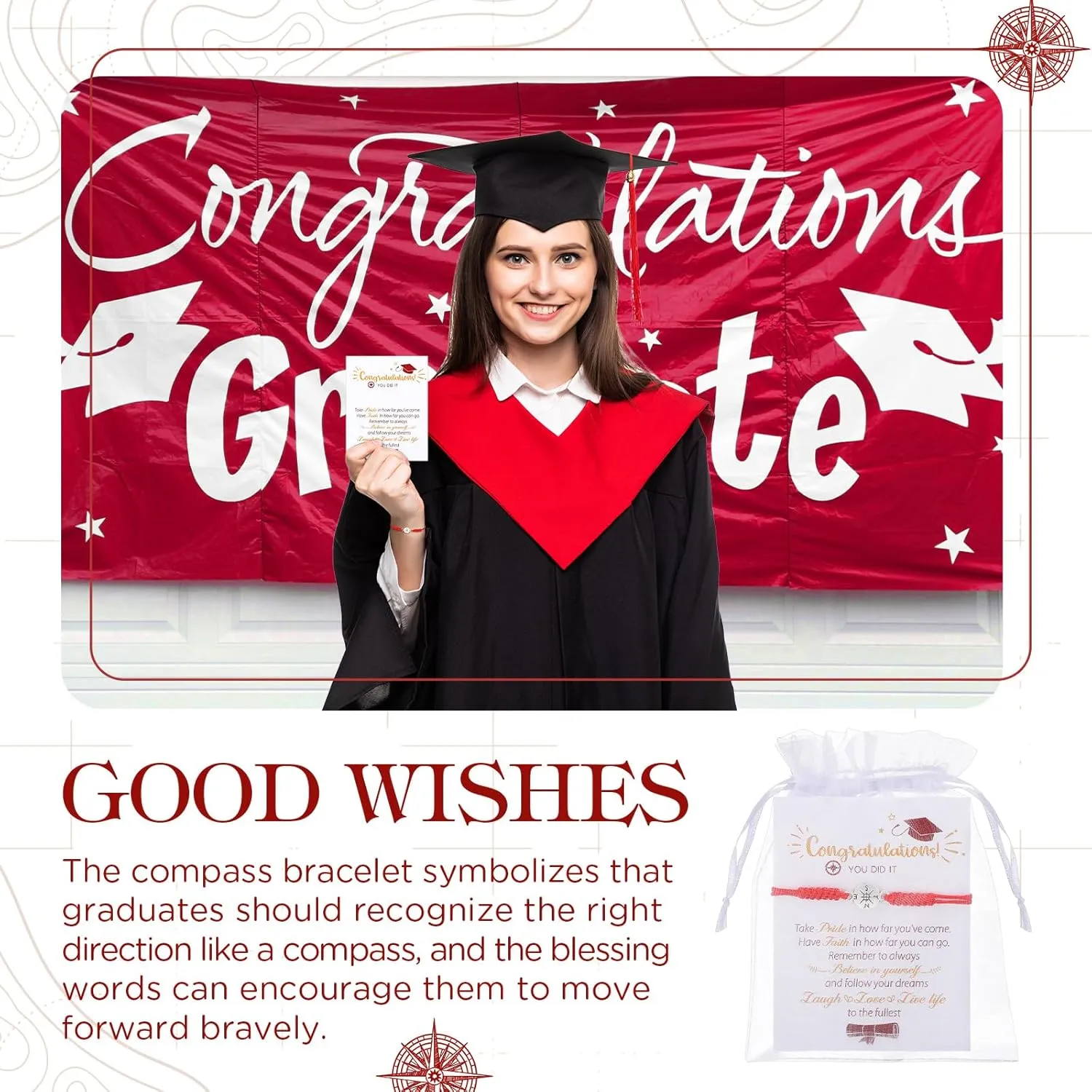 Sureio 60 Pcs 2025 Graduation Bracelet Set 20 Compass Bracelets 20 Graduation Cards 20 Bags Senior Night Gifts