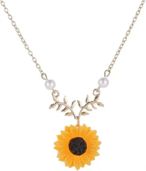 Sweet Sunflower Pearl Leaf Pendant Necklace Resin Daisy Flower Clavicular Chain Fashion Jewelry for Women