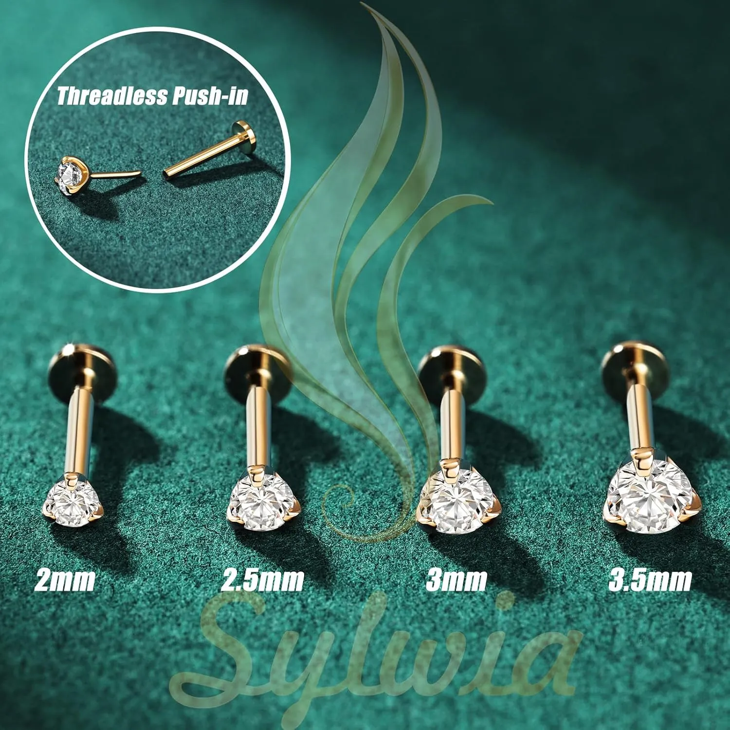 SYLWIA 14K Real Gold Lip Rings Stud, 16g Threadless Push in Ashley Piercing Lip Jewelry, Diamond CZ - 2mm 2.5mm 3mm, 18g Nose Conch Helix Tragus Labret Stud for Women Men