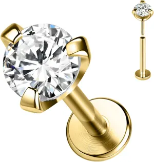 SYLWIA 14K Real Gold Lip Rings Stud, 16g Threadless Push in Ashley Piercing Lip Jewelry, Diamond CZ - 2mm 2.5mm 3mm, 18g Nose Conch Helix Tragus Labret Stud for Women Men