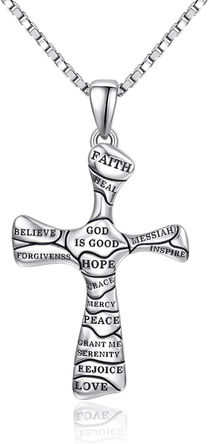 TANGPOET Large Cross Necklaces for Men Women Sterling Silver Cross with Bible Verse Scripture Pendant Faith Jewelry Christian Religious Gifts for Birthday Christmas Fathers Day