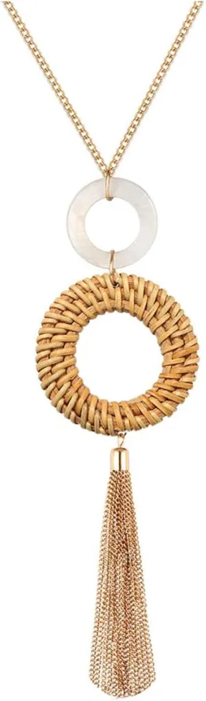 Tassel Pendant Necklace Handmade Straw Wicker Braid Statement Pendant Y-Shaped Long Chain Necklace for Women