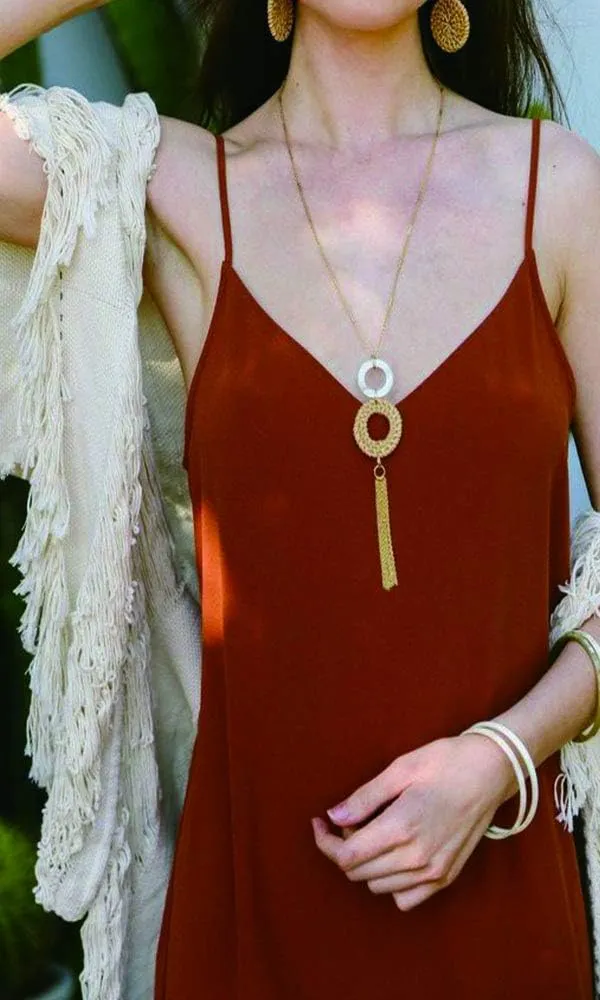Tassel Pendant Necklace Handmade Straw Wicker Braid Statement Pendant Y-Shaped Long Chain Necklace for Women