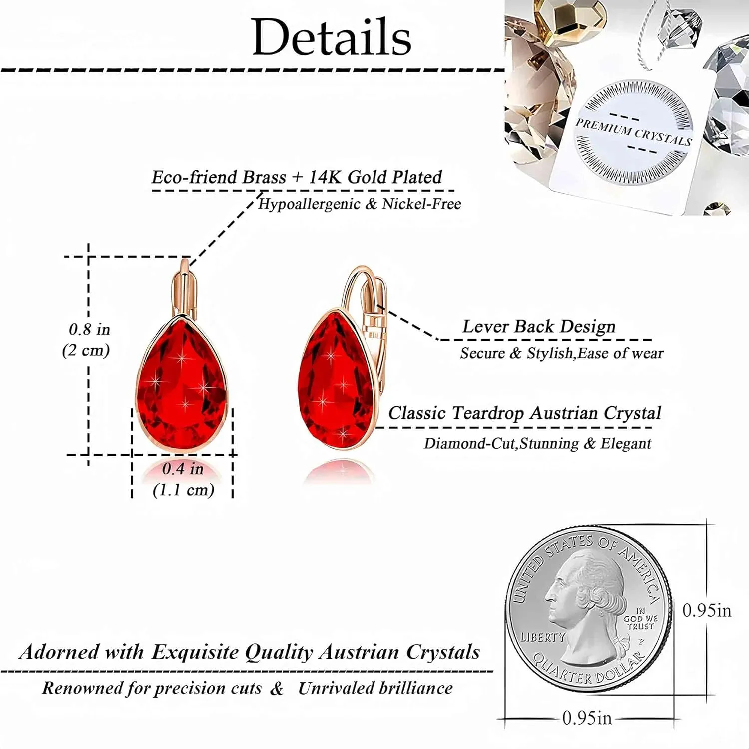 Teardrop Austrian Crystal Leverback Drop Earrings for Women 14K Rose Gold Plated Hypoallergenic Jewelry