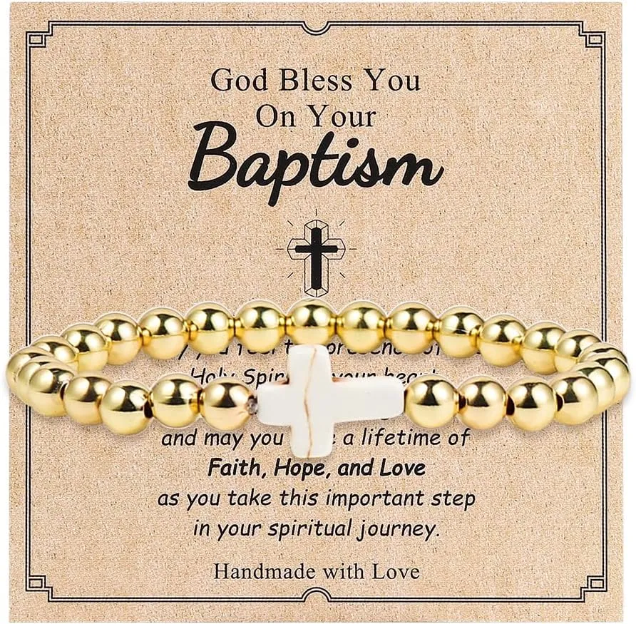 tenghong2021 14K Gold Bead Copper Bead Bracelet Handmade Cross Bead Stretch Bracelet for Women Elastic Ball Beads Strand Charm Bracelet for Women Men Birthday Party Gifts Trendy Jewelry