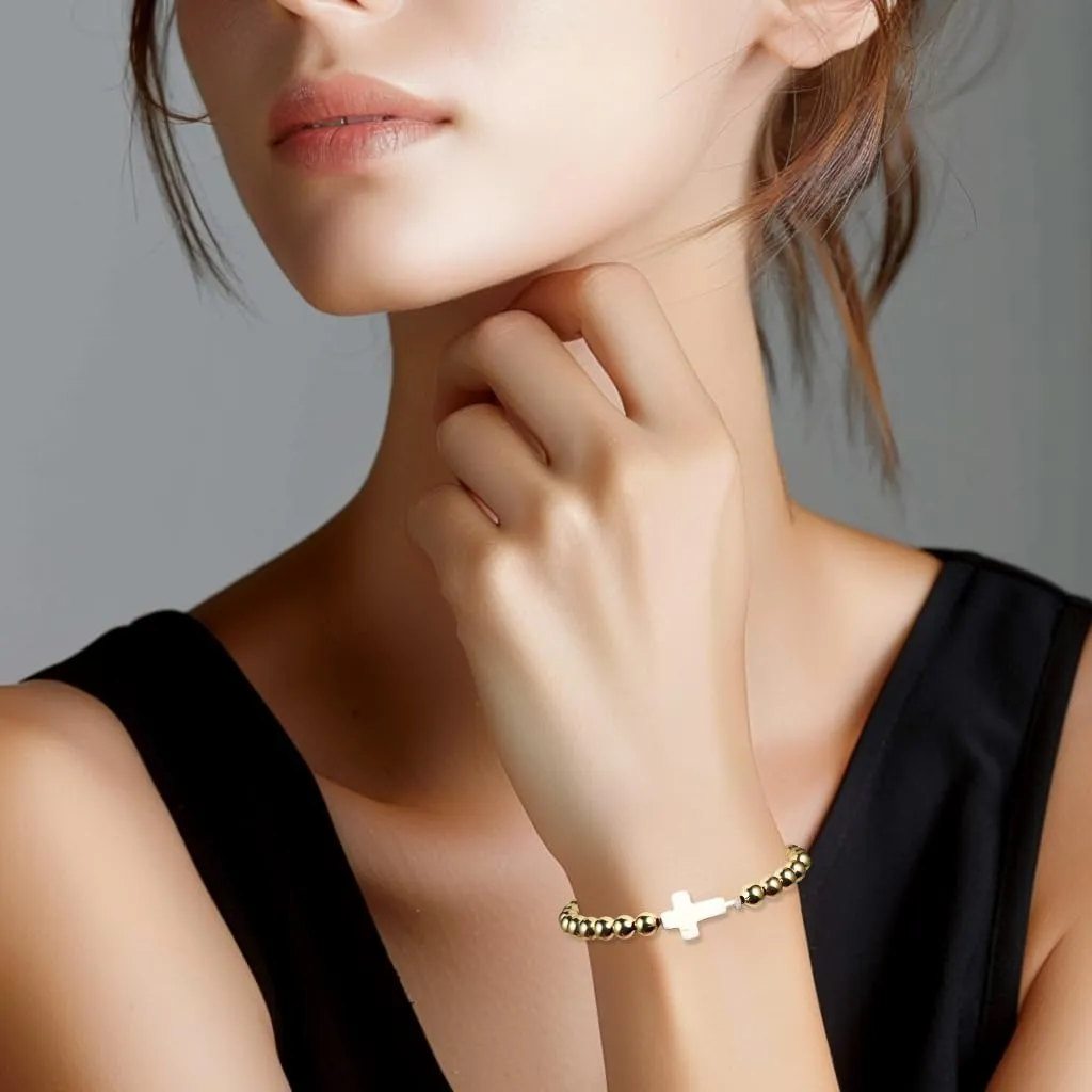 tenghong2021 14K Gold Bead Copper Bead Bracelet Handmade Cross Bead Stretch Bracelet for Women Elastic Ball Beads Strand Charm Bracelet for Women Men Birthday Party Gifts Trendy Jewelry