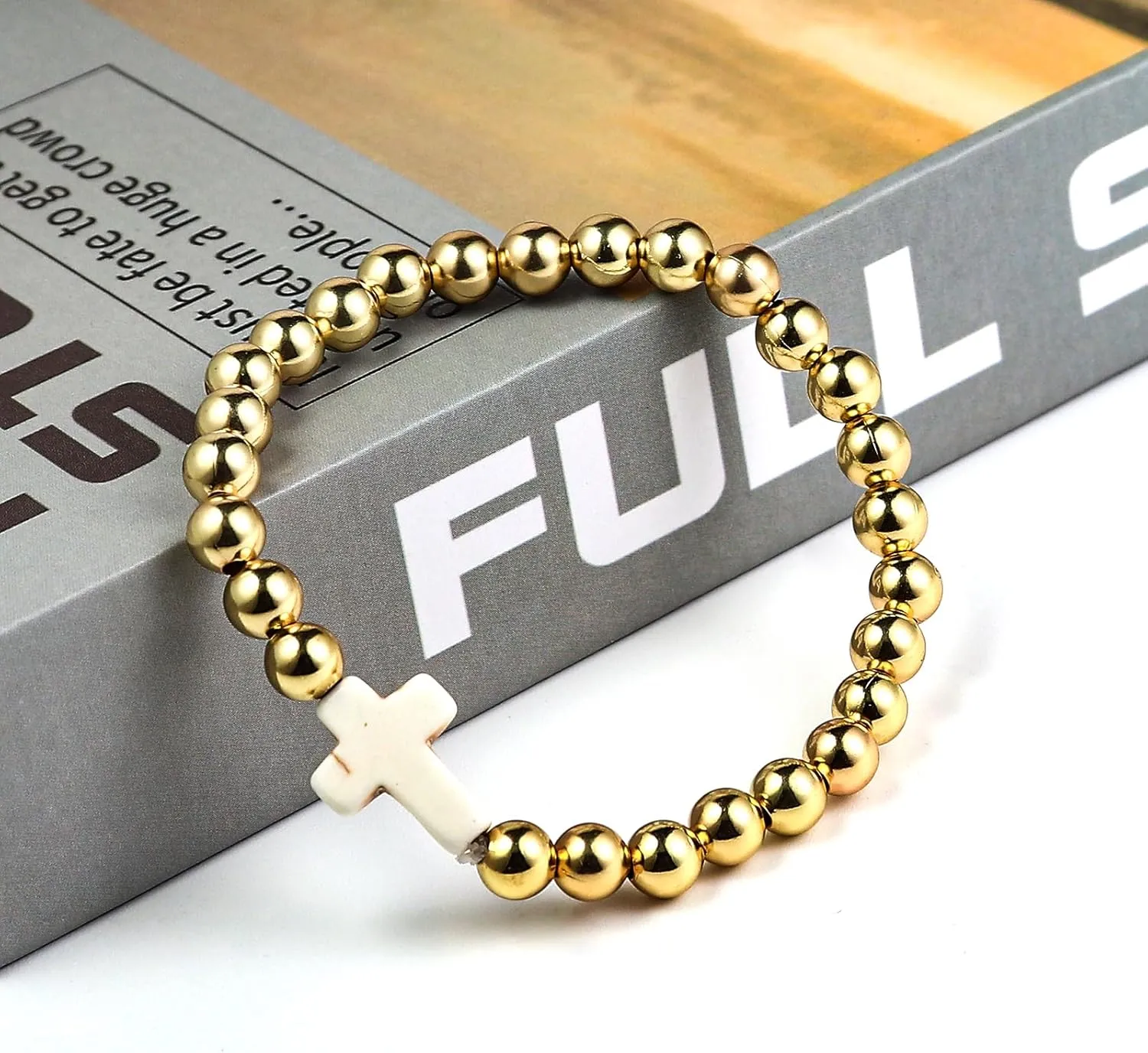 tenghong2021 14K Gold Bead Copper Bead Bracelet Handmade Cross Bead Stretch Bracelet for Women Elastic Ball Beads Strand Charm Bracelet for Women Men Birthday Party Gifts Trendy Jewelry