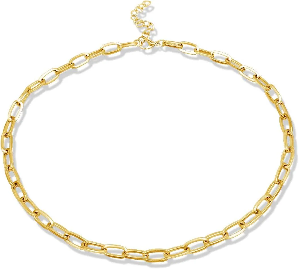 tenghong2021 14K Gold Plated Paperclip Alloy Link Chain Choker Necklace Bracelet Earrings Set Handmade Adjustable Oval Dainty Chunky Chain Flat Link Costume Jewelry Set for Women Gifts Jewelry