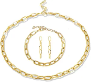 tenghong2021 14K Gold Plated Paperclip Alloy Link Chain Choker Necklace Bracelet Earrings Set Handmade Adjustable Oval Dainty Chunky Chain Flat Link Costume Jewelry Set for Women Gifts Jewelry