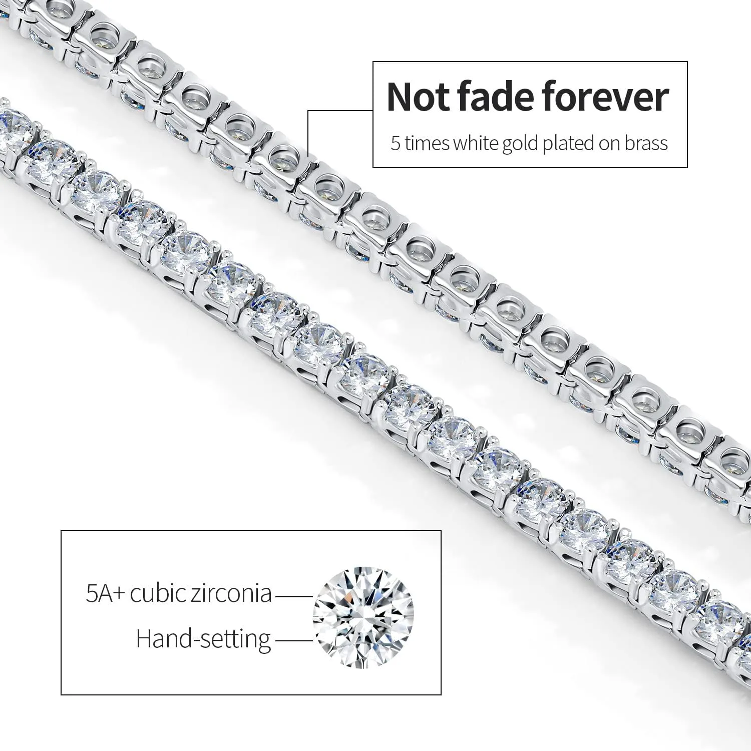 Tennis Necklace 18K White Gold Plated 5A 4.0mm Round Cubic Zirconia Cut Faux Diamond Chain for Women and Men 4 Prong