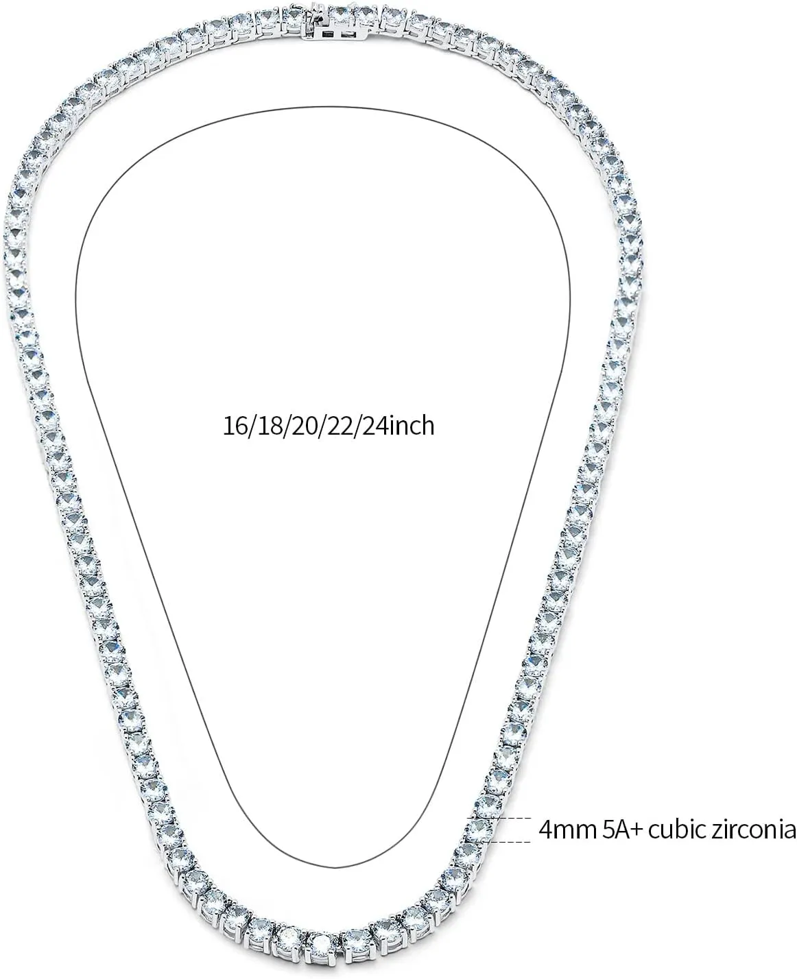 Tennis Necklace 18K White Gold Plated 5A 4.0mm Round Cubic Zirconia Cut Faux Diamond Chain for Women and Men 4 Prong