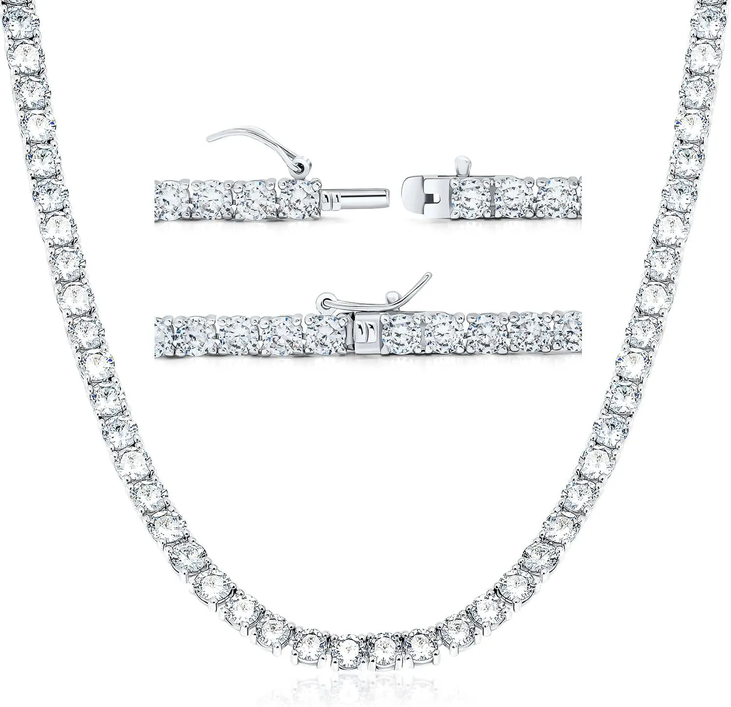 Tennis Necklace 18K White Gold Plated 5A 4.0mm Round Cubic Zirconia Cut Faux Diamond Chain for Women and Men 4 Prong