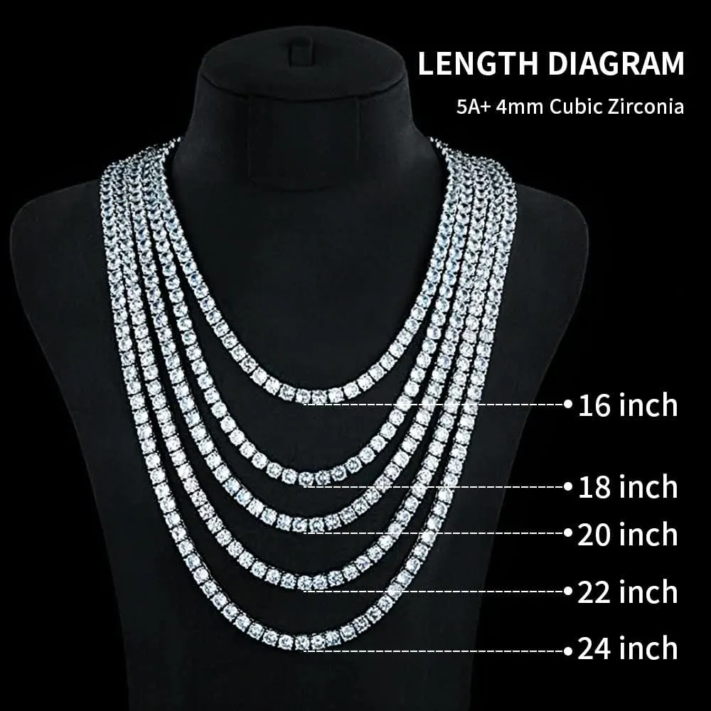 Tennis Necklace 18K White Gold Plated 5A 4.0mm Round Cubic Zirconia Cut Faux Diamond Chain for Women and Men 4 Prong