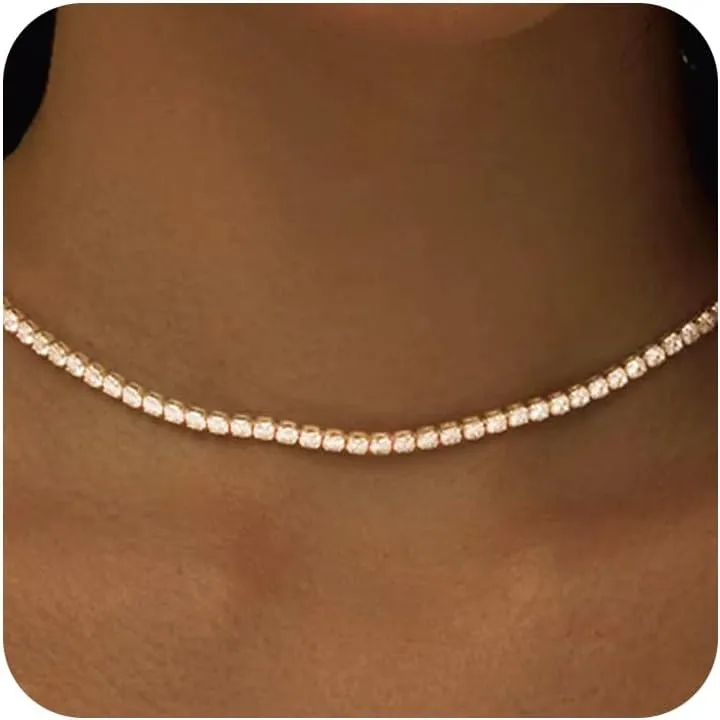Tennis Necklace for Women 14K Gold Plated or Silver Rhinestone Choker Necklaces Dainty Zirconia Cut Faux Diamond chain 3mm