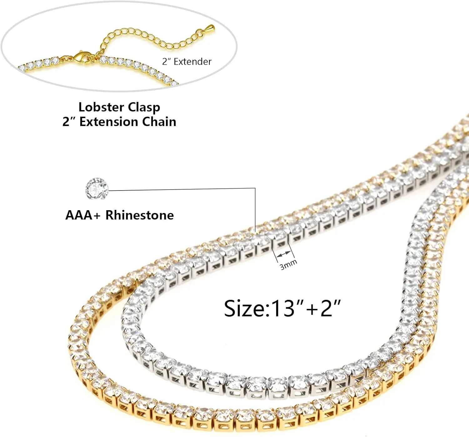 Tennis Necklace for Women 14K Gold Plated or Silver Rhinestone Choker Necklaces Dainty Zirconia Cut Faux Diamond chain 3mm