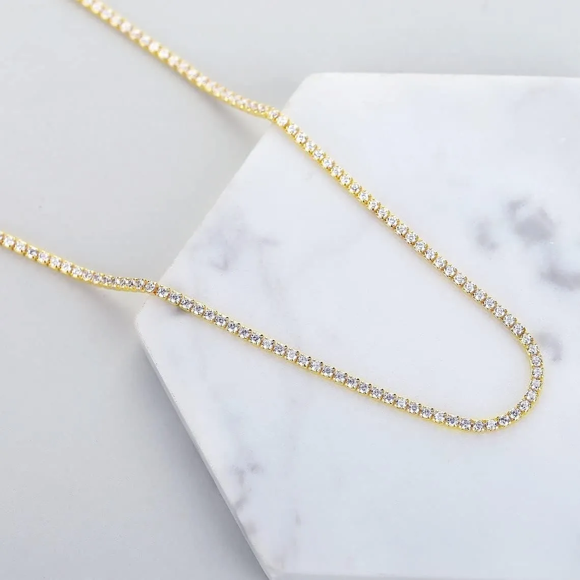 Tennis Necklace for Women 14K Gold Plated or Silver Rhinestone Choker Necklaces Dainty Zirconia Cut Faux Diamond chain 3mm