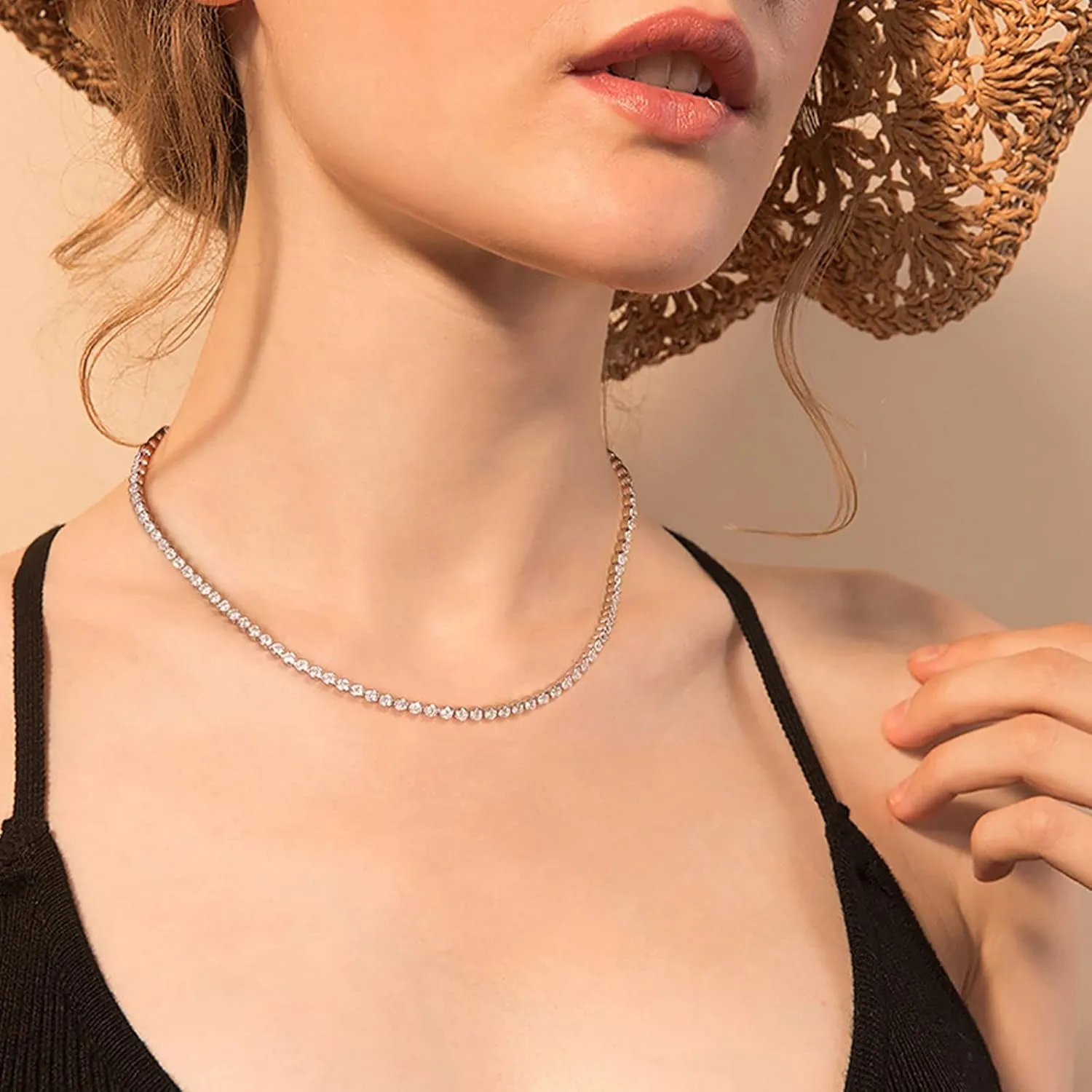 Tennis Necklace for Women 14K Gold Plated or Silver Rhinestone Choker Necklaces Dainty Zirconia Cut Faux Diamond chain 3mm