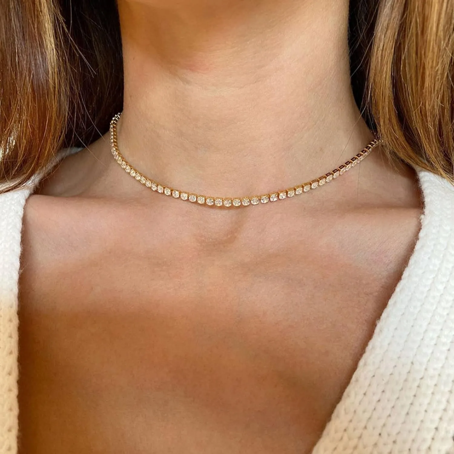 Tennis Necklace for Women 14K Gold Plated or Silver Rhinestone Choker Necklaces Dainty Zirconia Cut Faux Diamond chain 3mm