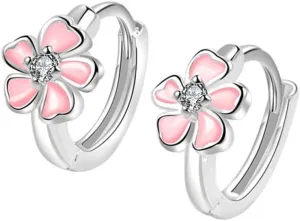 Tiny Flower Small Hoop Earrings for Women Dainty Crystal Pink Cherry Blossom Flowers Huggie Hoop Earrings Small Cartilage Helix Earring Sterling Silver Plated Hypoallergenic Wedding Jewelry for Girlfriend