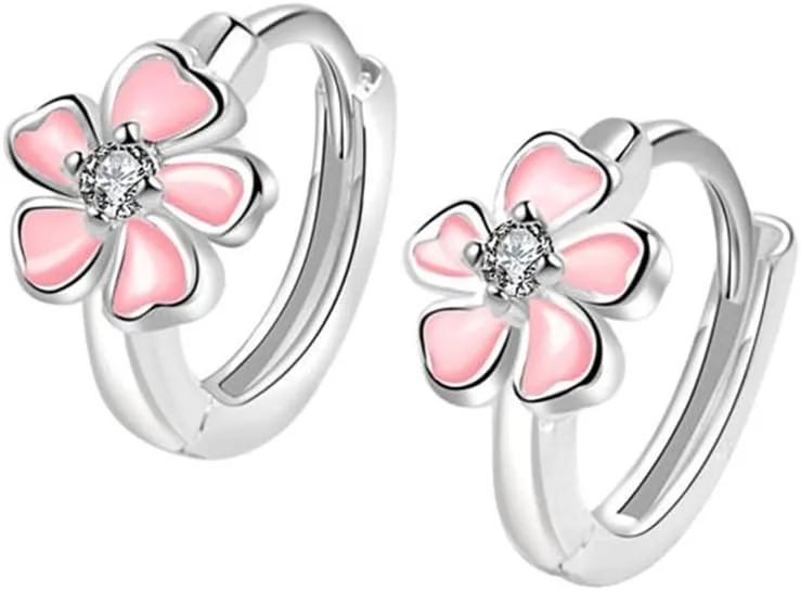Tiny Flower Small Hoop Earrings for Women Dainty Crystal Pink Cherry Blossom Flowers Huggie Hoop Earrings Small Cartilage Helix Earring Sterling Silver Plated Hypoallergenic Wedding Jewelry for Girlfriend