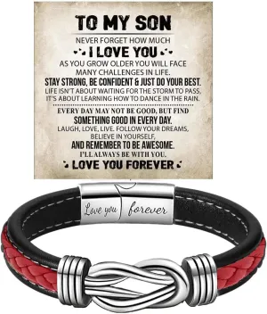 To My Son Infinity Knot Bracelet From Mom, Forever Linked Together Stainless Steel Braided Leather Inspirational Bracelets Engraved Love You Forever Birthday Gift Jewelry