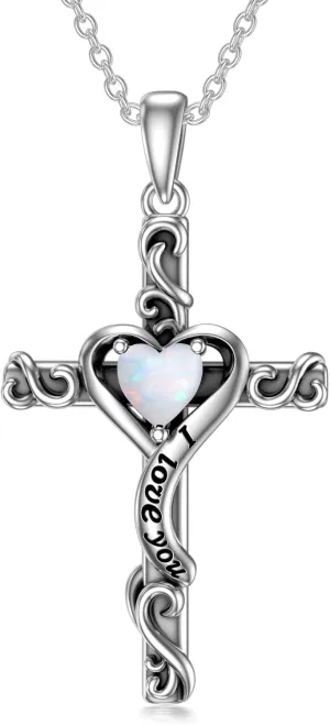 TOUPOP Birthstone Cross Necklace for Women 925 Sterling Silver Heart Cross Pendant Necklace I Love You Jewelry Anniversary Birthday Christmas Gifts for Her Mom Wife Girlfriend