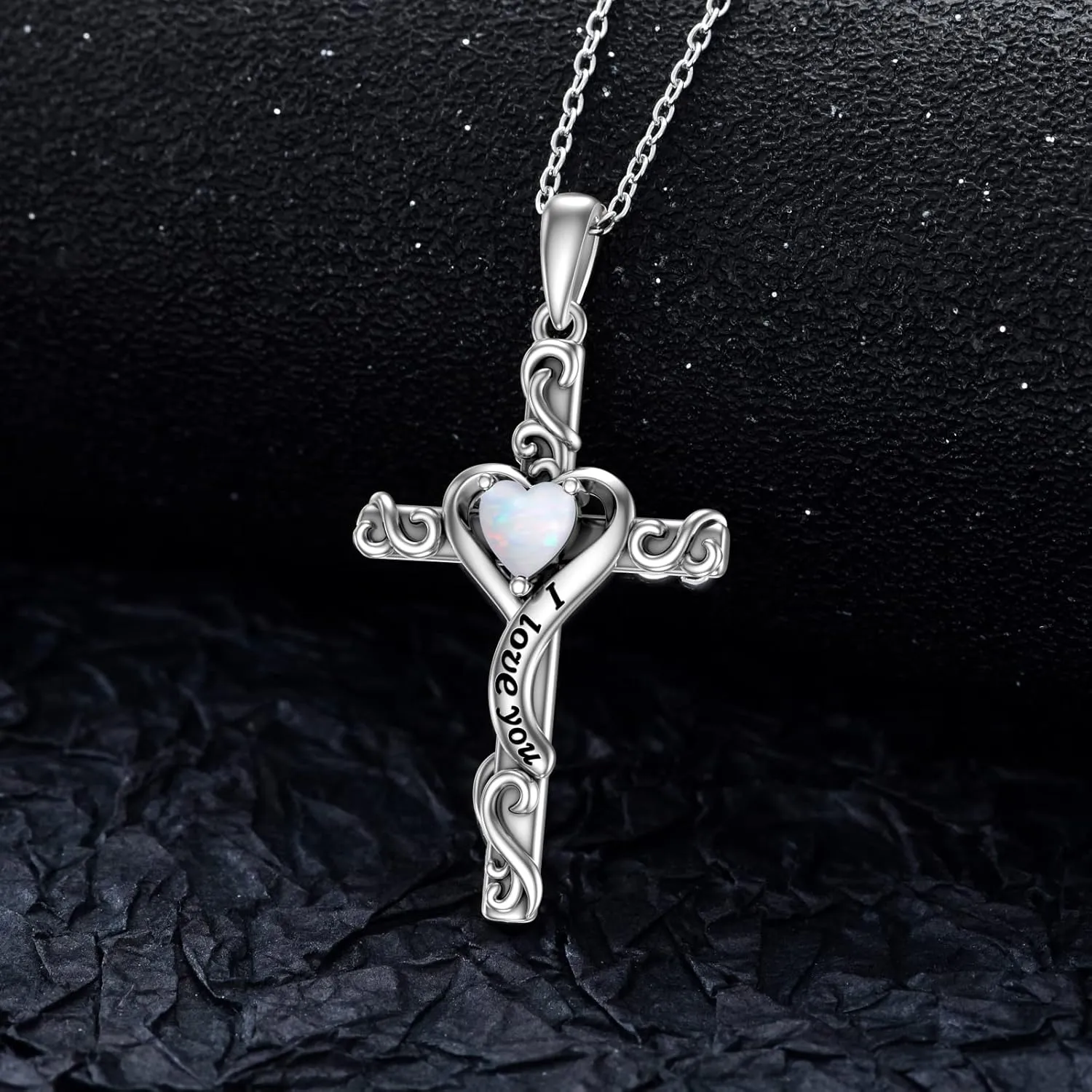 TOUPOP Birthstone Cross Necklace for Women 925 Sterling Silver Heart Cross Pendant Necklace I Love You Jewelry Anniversary Birthday Christmas Gifts for Her Mom Wife Girlfriend