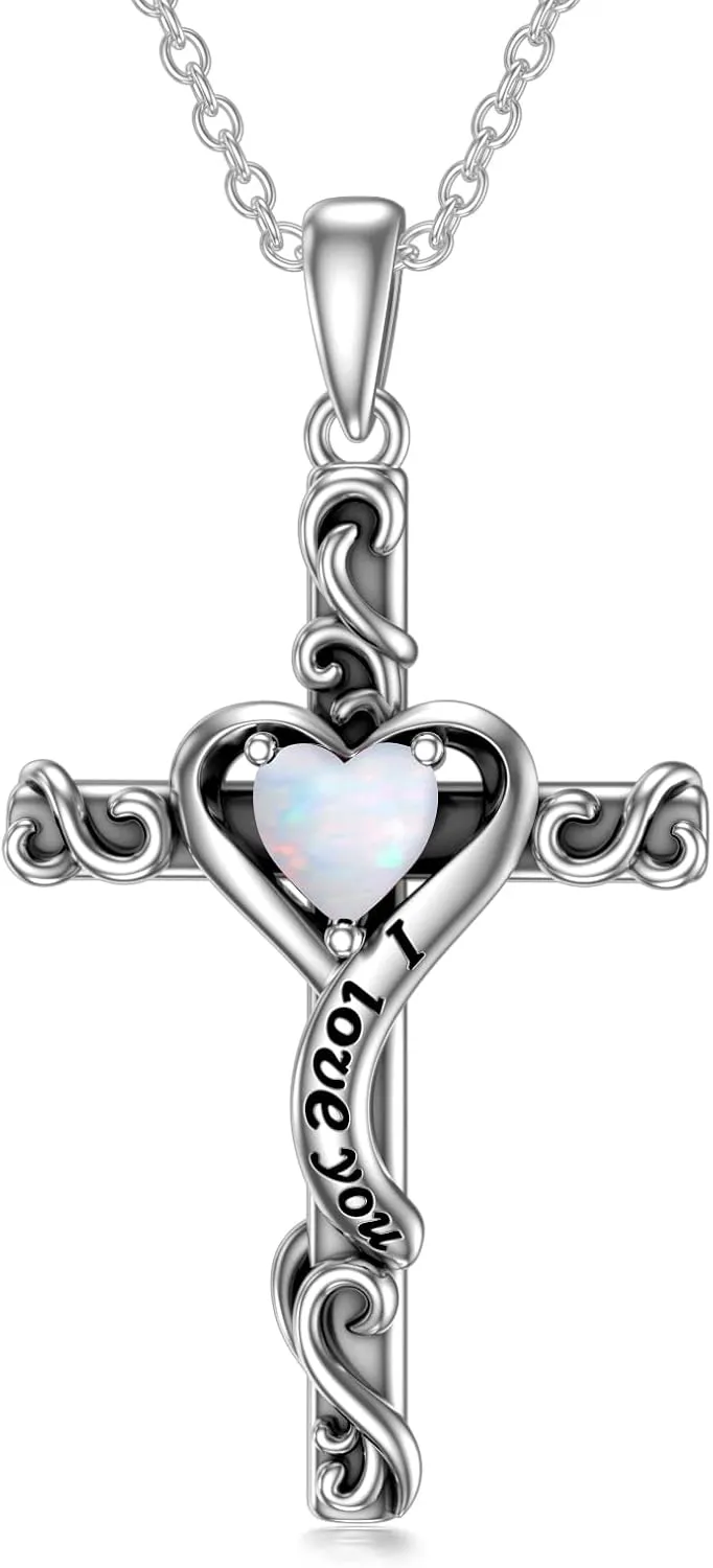 TOUPOP Birthstone Cross Necklace for Women 925 Sterling Silver Heart Cross Pendant Necklace I Love You Jewelry Anniversary Birthday Christmas Gifts for Her Mom Wife Girlfriend