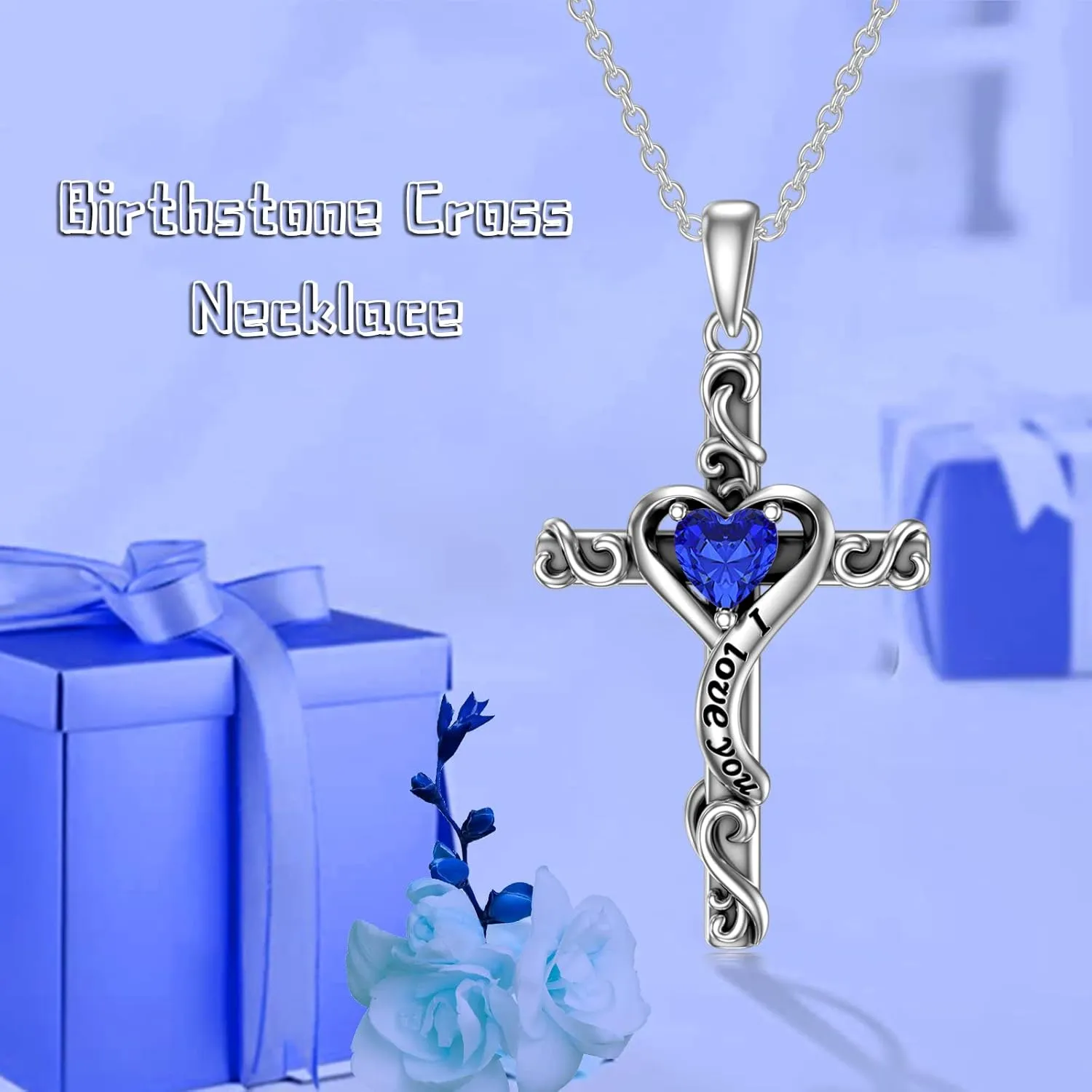 TOUPOP Birthstone Cross Necklace for Women 925 Sterling Silver Heart Cross Pendant Necklace I Love You Jewelry Anniversary Birthday Christmas Gifts for Her Mom Wife Girlfriend