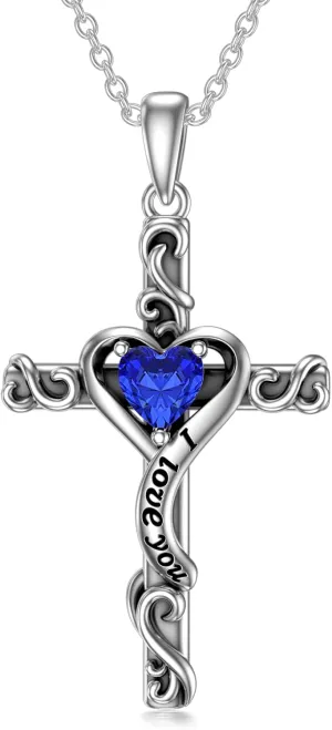TOUPOP Birthstone Cross Necklace for Women 925 Sterling Silver Heart Cross Pendant Necklace I Love You Jewelry Anniversary Birthday Christmas Gifts for Her Mom Wife Girlfriend