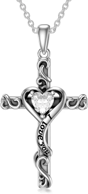 TOUPOP Birthstone Cross Necklace for Women 925 Sterling Silver Heart Cross Pendant Necklace I Love You Jewelry Anniversary Birthday Christmas Gifts for Her Mom Wife Girlfriend
