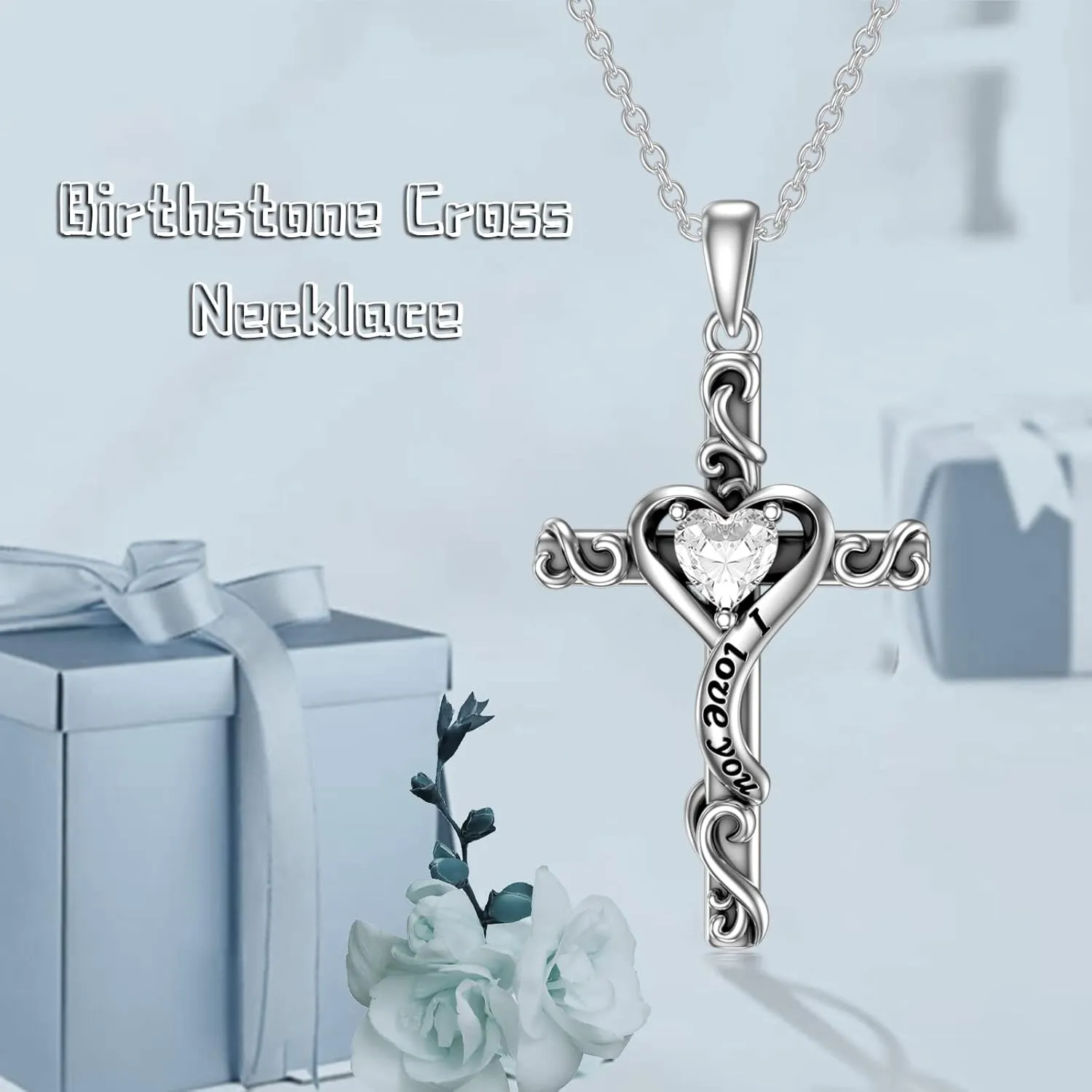 TOUPOP Birthstone Cross Necklace for Women 925 Sterling Silver Heart Cross Pendant Necklace I Love You Jewelry Anniversary Birthday Christmas Gifts for Her Mom Wife Girlfriend