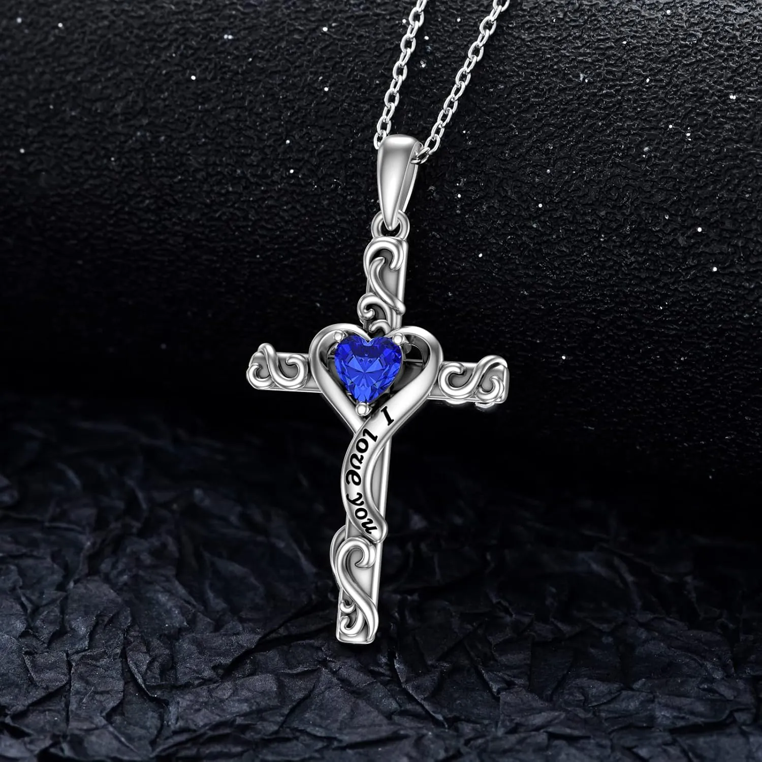 TOUPOP Birthstone Cross Necklace for Women 925 Sterling Silver Heart Cross Pendant Necklace I Love You Jewelry Anniversary Birthday Christmas Gifts for Her Mom Wife Girlfriend