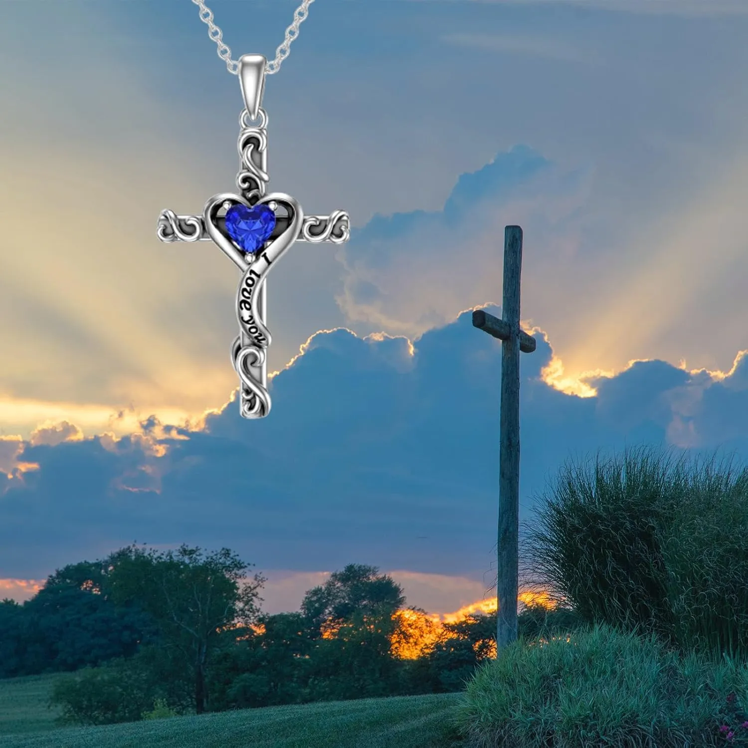 TOUPOP Birthstone Cross Necklace for Women 925 Sterling Silver Heart Cross Pendant Necklace I Love You Jewelry Anniversary Birthday Christmas Gifts for Her Mom Wife Girlfriend