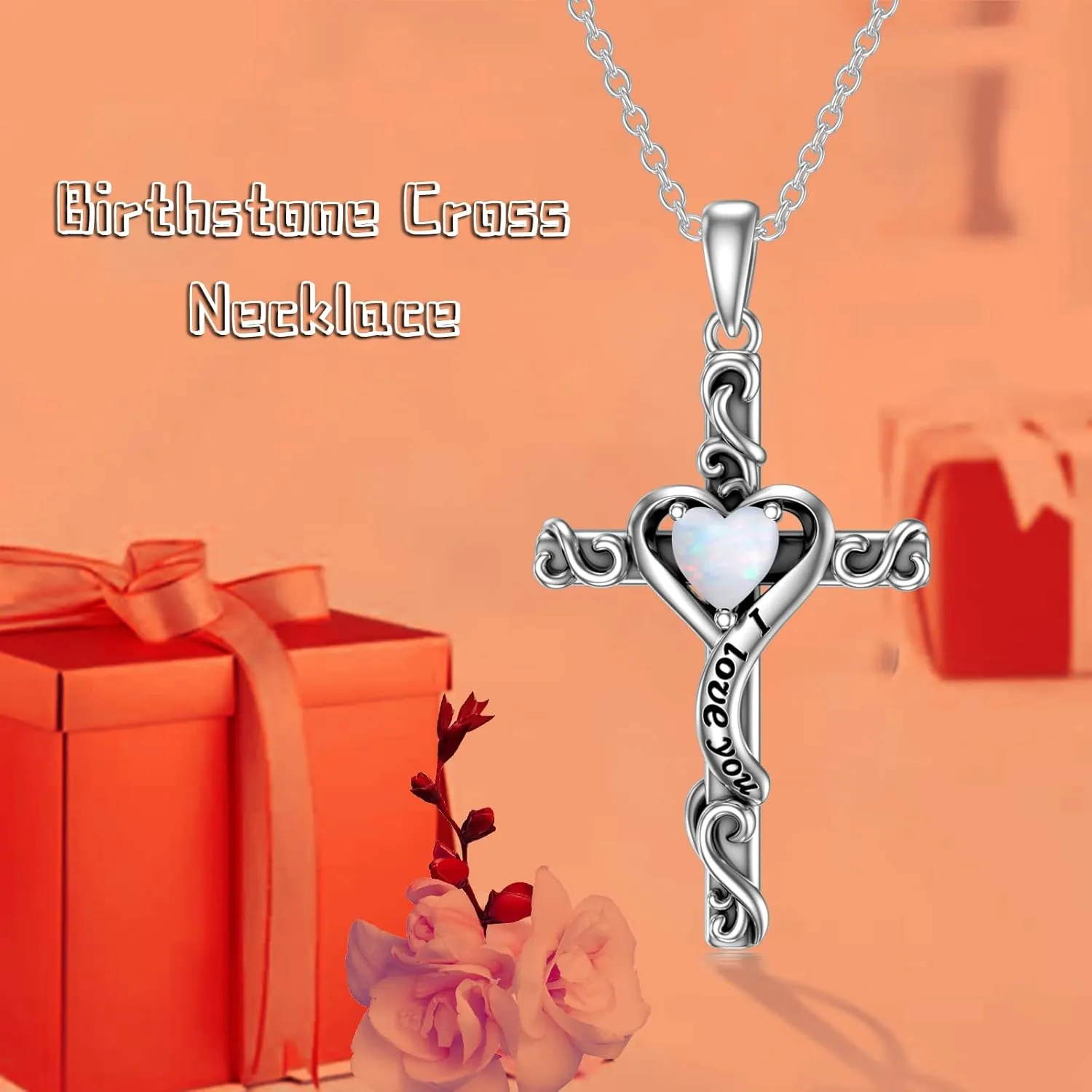 TOUPOP Birthstone Cross Necklace for Women 925 Sterling Silver Heart Cross Pendant Necklace I Love You Jewelry Anniversary Birthday Christmas Gifts for Her Mom Wife Girlfriend