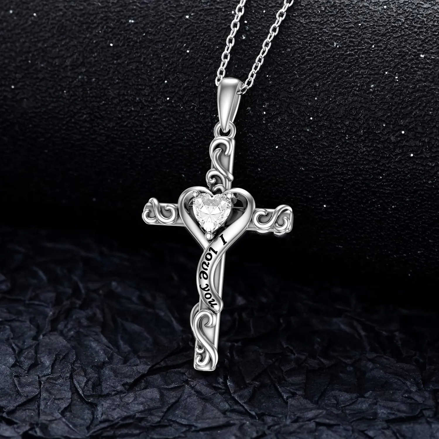 TOUPOP Birthstone Cross Necklace for Women 925 Sterling Silver Heart Cross Pendant Necklace I Love You Jewelry Anniversary Birthday Christmas Gifts for Her Mom Wife Girlfriend