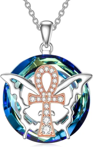 TOUPOP Butterfly Necklace for Women Sterling Silver Rose Gold Ankh Cross Pendant Necklaces with Blue Crystal Butterfly Gifts Jewelry for Her Wife Mom Birthday Valentine's Day