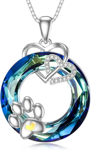 TOUPOP Cat Paw Necklace Sterling Silver Love Heart Pet Dog Paw Print Pendant Necklaces with Blue Crystal Birthday Valentine's Day Jewelry Gifts for Women Her Pet Lovers