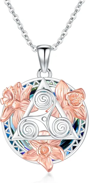 TOUPOP Celtic Knot Necklace Sterling Silver Rose Gold Flower Trinity Knot Pendant Necklaces with Blue Crystal Celtic Irish Jewelry Christmas Gifts for Women Sisters