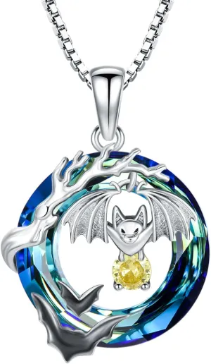 TOUPOP Halloween Bat Necklace s925 Sterling Silver Animal Glowing in the Dark Gothic Bat Pendant Necklaces with Blue Circle Crystal Party Jewelry Gifts for Women Sisters